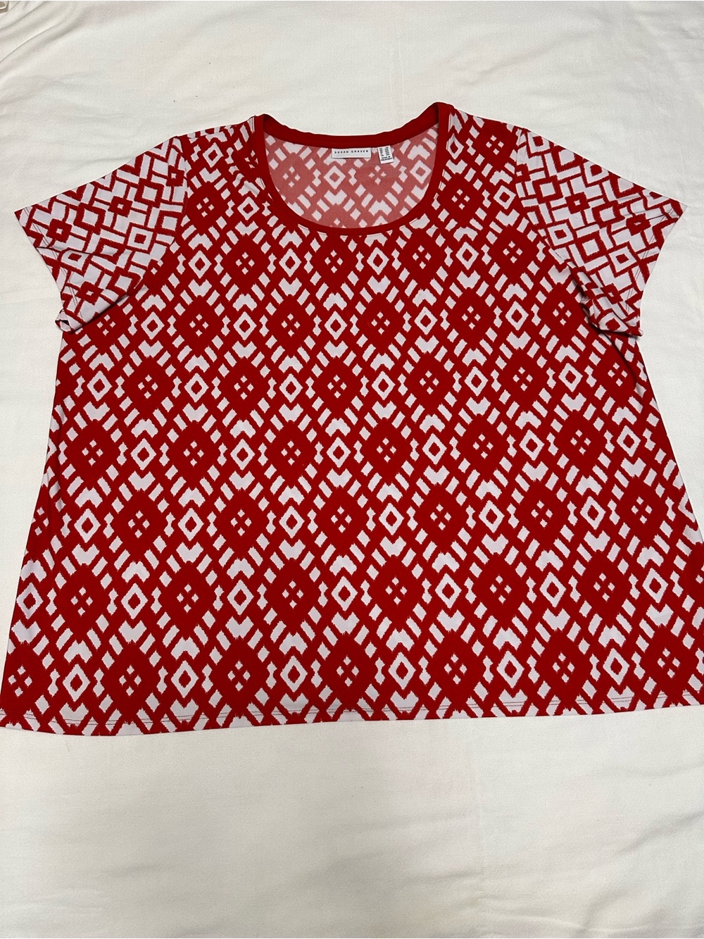 Susan Graver Red Geometric Scoop Neck Liquid Knit Women's Top